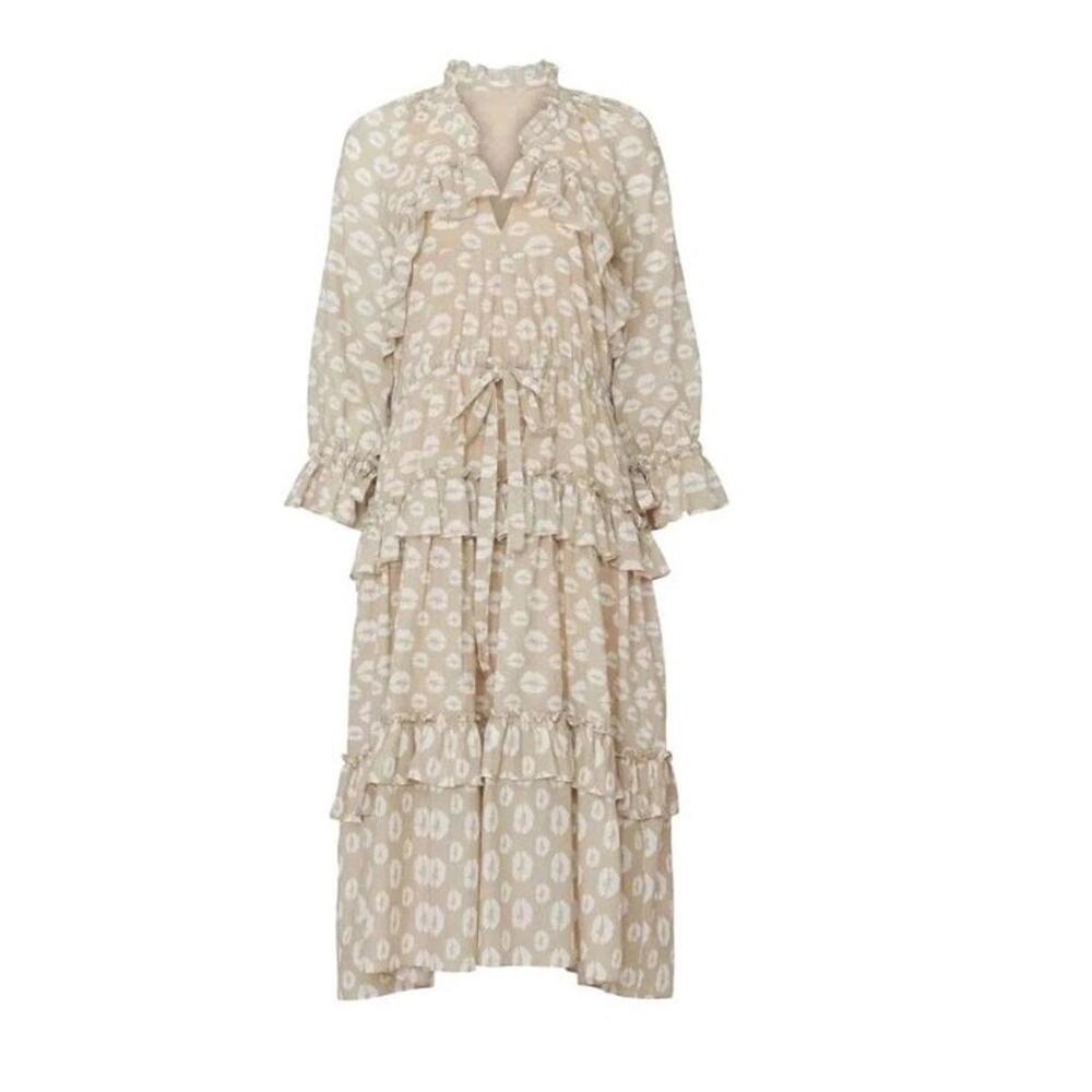 Hofmann‎ Copenhagen Berenice Dress 6 Beige White Tiered Ruffle Lips Pattern